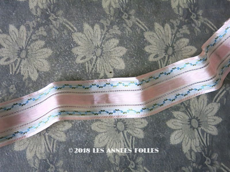 画像1: 19世紀 アンティーク シルク製 リボン  ピンク ブルーの花のガーランド  3.1cm幅