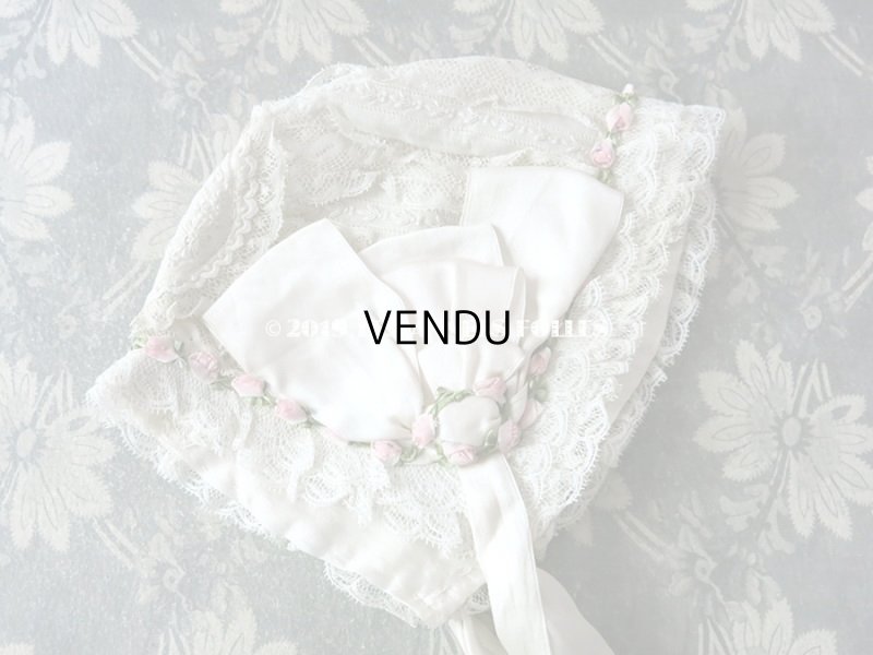 画像6: 1920年代 アンティーク 少女用 ボネ ピンクのロココトリム & オフホワイトの幅広リボン付