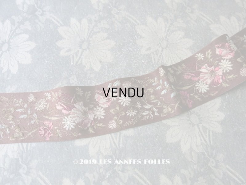 画像1: 19世紀末 アンティーク シルク製 ジャガード織 リボン 花模様 69cm