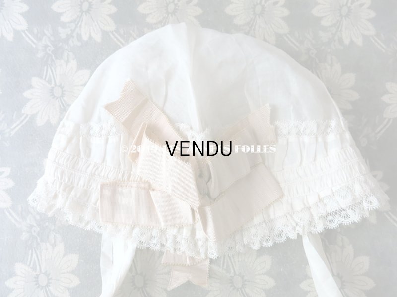 画像5: 1900年代 アンティーク 少女用 レースのボネ グレイッシュピンクのシルクリボン ナイトキャップ