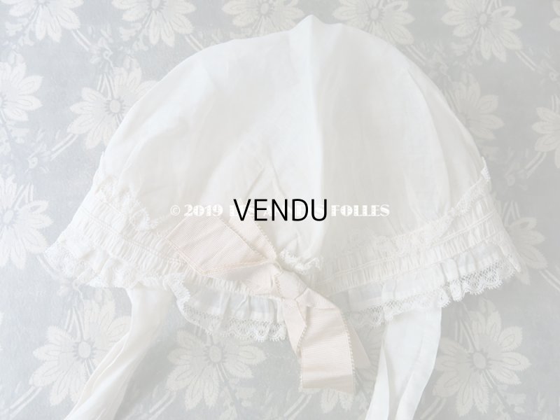 画像4: 1900年代 アンティーク 少女用 レースのボネ グレイッシュピンクのシルクリボン ナイトキャップ