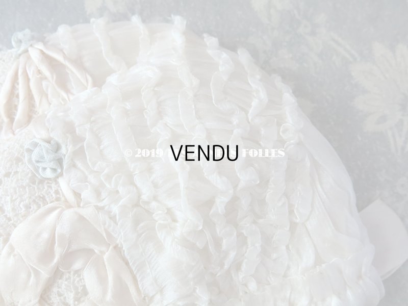 画像8: アンティーク ボネ パールピンクのリボンワーク & 水色の薔薇のロココモチーフ シルクオーガンジーのフリル