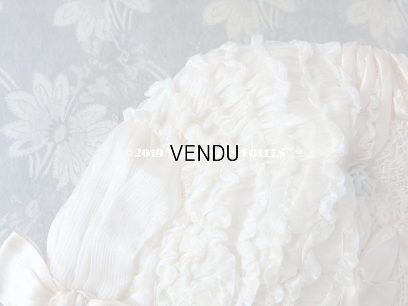 画像3: アンティーク ボネ パールピンクのリボンワーク & 水色の薔薇のロココモチーフ シルクオーガンジーのフリル