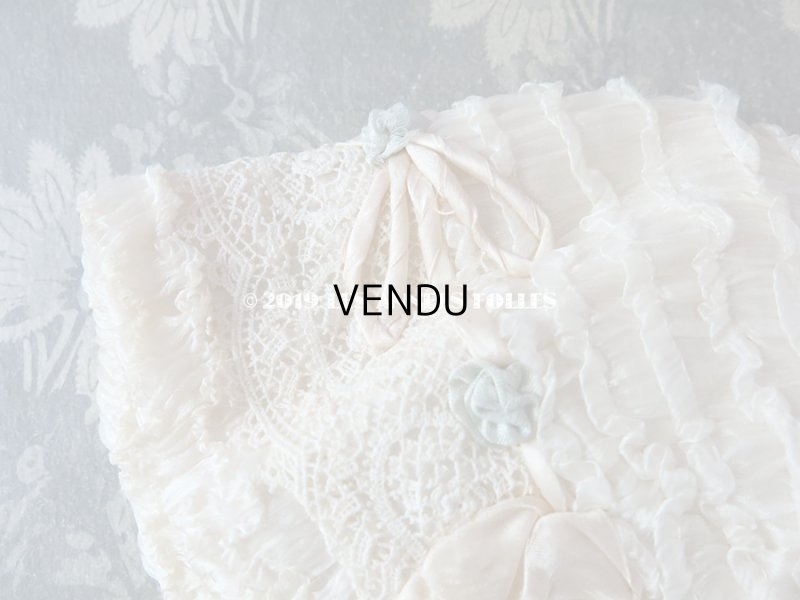 画像7: アンティーク ボネ パールピンクのリボンワーク & 水色の薔薇のロココモチーフ シルクオーガンジーのフリル