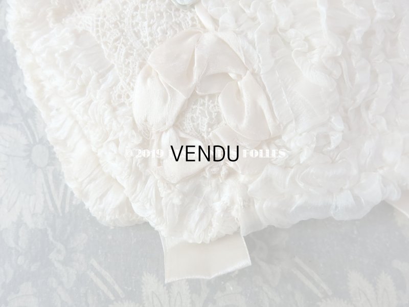 画像9: アンティーク ボネ パールピンクのリボンワーク & 水色の薔薇のロココモチーフ シルクオーガンジーのフリル