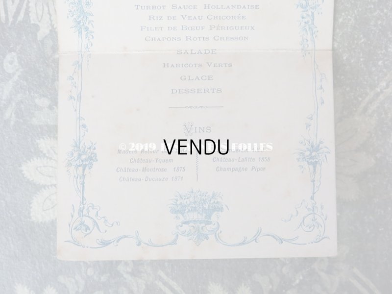 画像7: 1881年 アンティーク メニューカード MENU リボンが結ばれた薔薇＆フルーツのパニエ