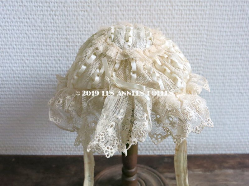 画像5: アンティーク ドール用 大きなリボン付 シルクリボン＆レースのボネ