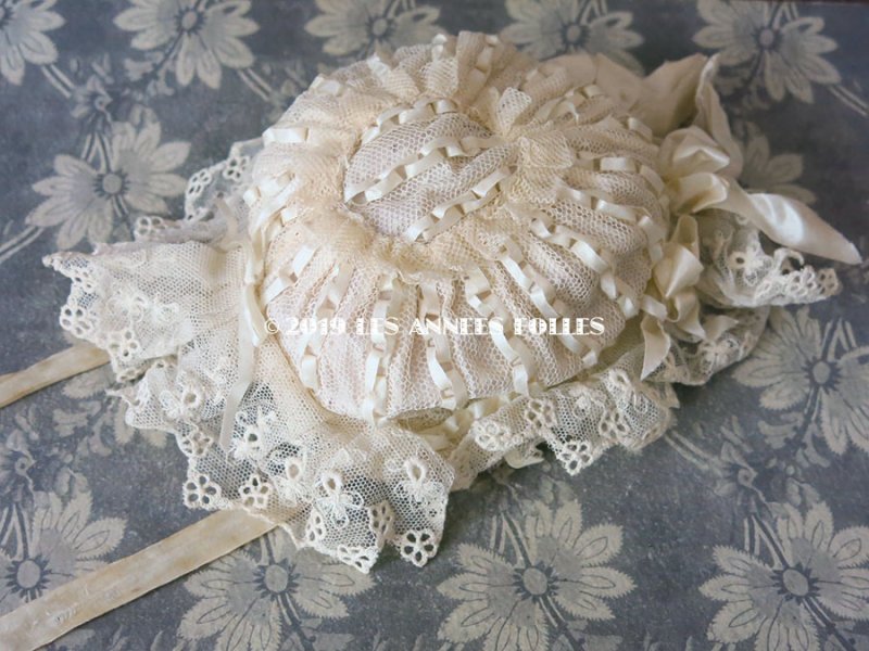 画像7: アンティーク ドール用 大きなリボン付 シルクリボン＆レースのボネ