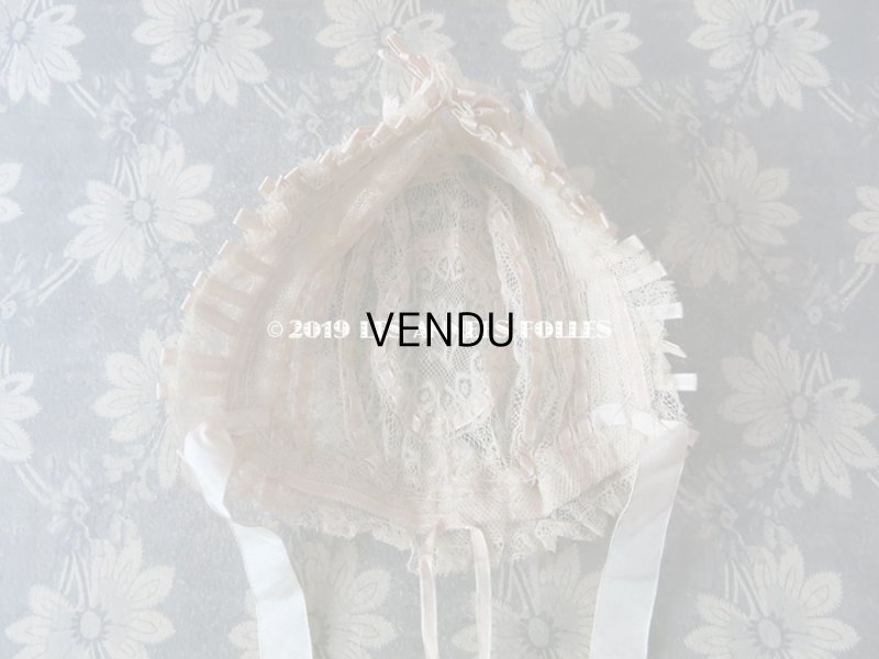 画像11: 新品同様 1891年 アンティーク バテム用　レースのボネ グレイッシュピンクのシルクリボン