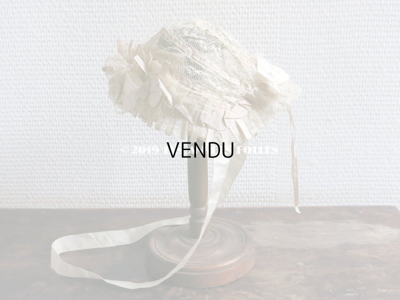 画像13: 新品同様 1891年 アンティーク バテム用　レースのボネ グレイッシュピンクのシルクリボン