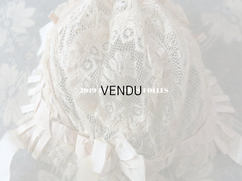 画像6: 新品同様 1891年 アンティーク バテム用　レースのボネ グレイッシュピンクのシルクリボン