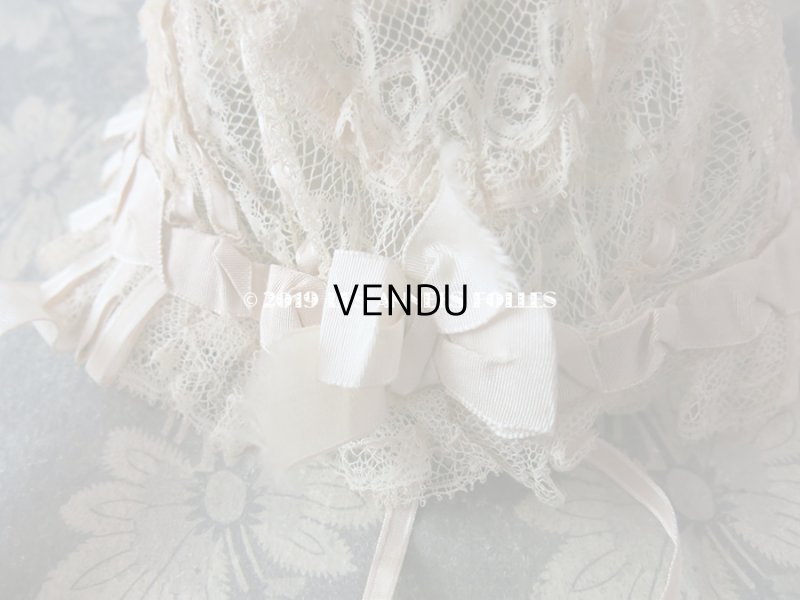 画像7: 新品同様 1891年 アンティーク バテム用　レースのボネ グレイッシュピンクのシルクリボン