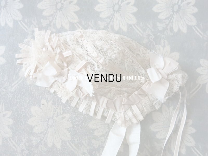 画像3: 新品同様 1891年 アンティーク バテム用　レースのボネ グレイッシュピンクのシルクリボン