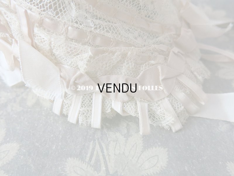 画像9: 新品同様 1891年 アンティーク バテム用　レースのボネ グレイッシュピンクのシルクリボン