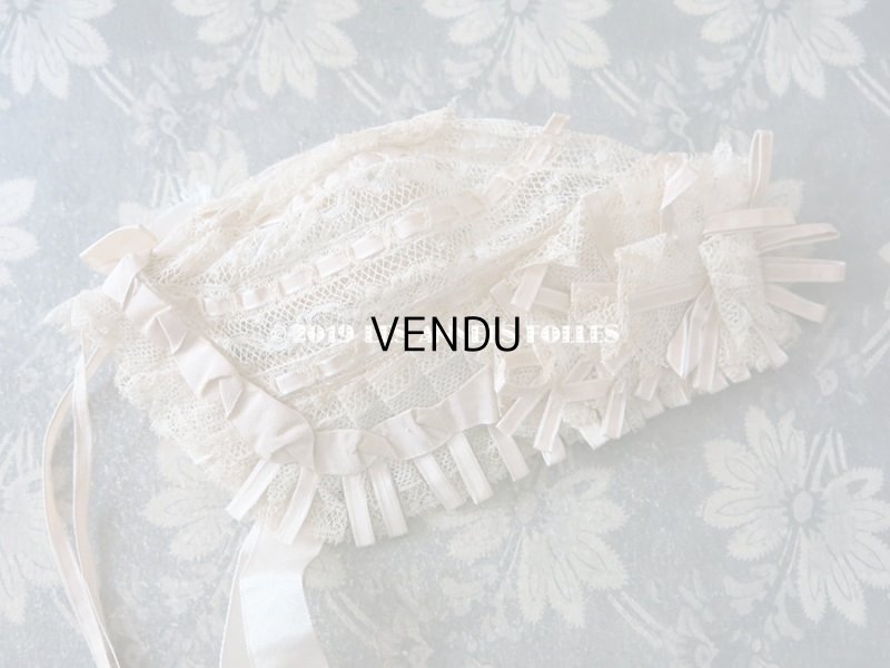 画像4: 新品同様 1891年 アンティーク バテム用　レースのボネ グレイッシュピンクのシルクリボン