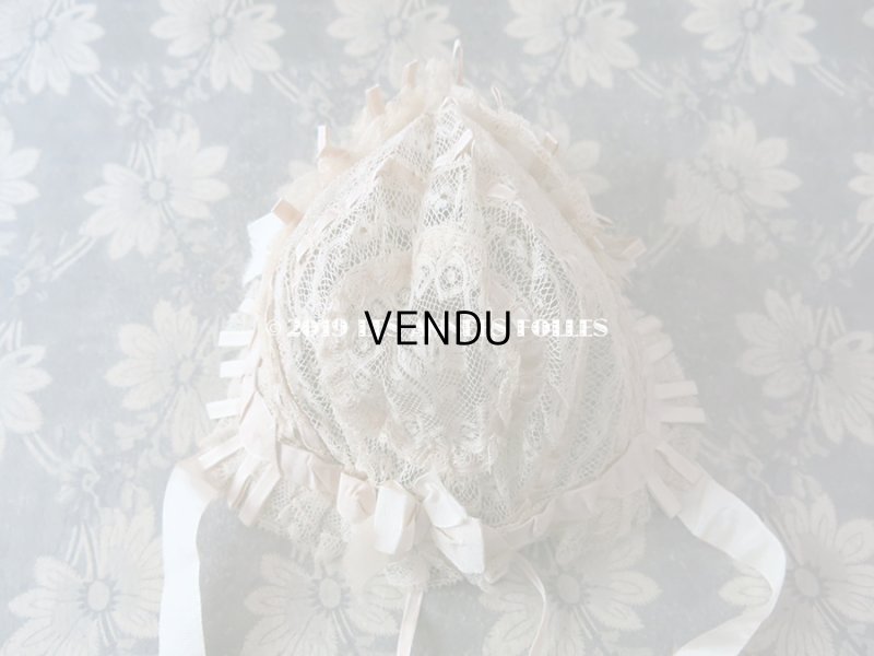 画像5: 新品同様 1891年 アンティーク バテム用　レースのボネ グレイッシュピンクのシルクリボン