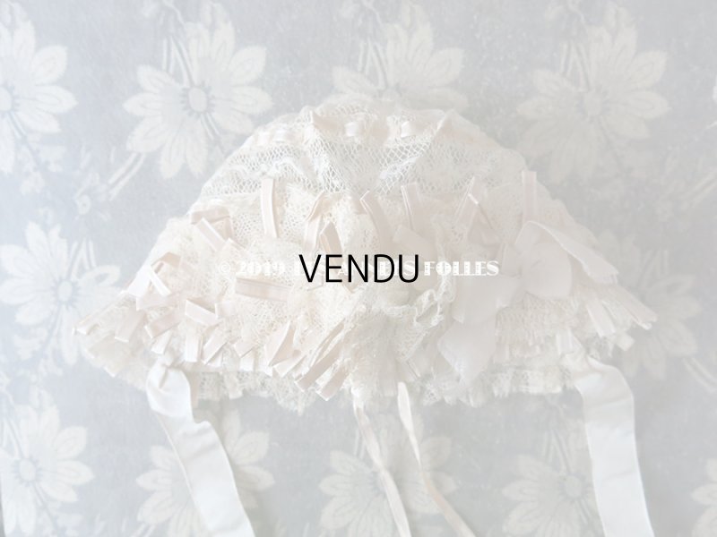 画像12: 新品同様 1891年 アンティーク バテム用　レースのボネ グレイッシュピンクのシルクリボン