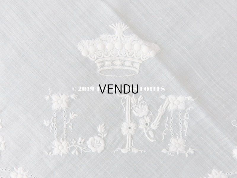 画像4: 新品同様 19世紀 アンティーク  結婚式のハンカチ 王冠とモノグラムのホワイトワーク & ヴァランシエンヌレース
