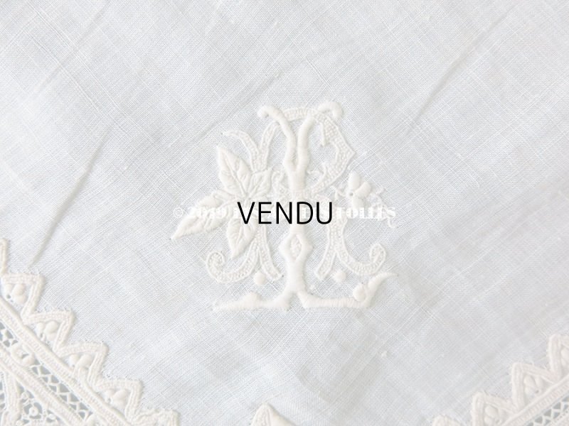 画像16:  19世紀 アンティーク  結婚式のハンカチ リーフ柄&モノグラム【LR】 のホワイトワーク & 手編みのヴァランシエンヌレース