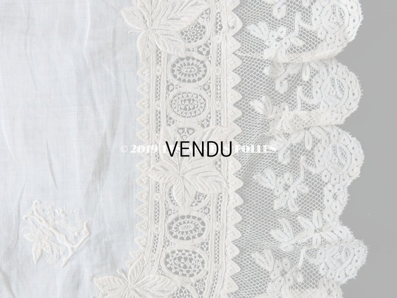 画像13:  19世紀 アンティーク  結婚式のハンカチ リーフ柄&モノグラム【LR】 のホワイトワーク & 手編みのヴァランシエンヌレース