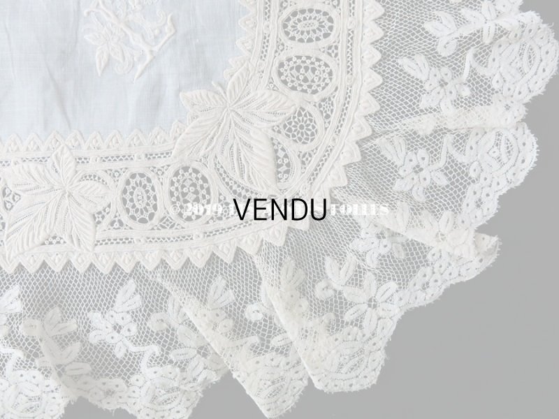 画像14:  19世紀 アンティーク  結婚式のハンカチ リーフ柄&モノグラム【LR】 のホワイトワーク & 手編みのヴァランシエンヌレース