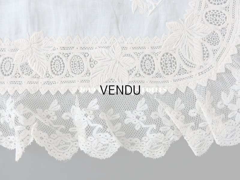 画像15:  19世紀 アンティーク  結婚式のハンカチ リーフ柄&モノグラム【LR】 のホワイトワーク & 手編みのヴァランシエンヌレース