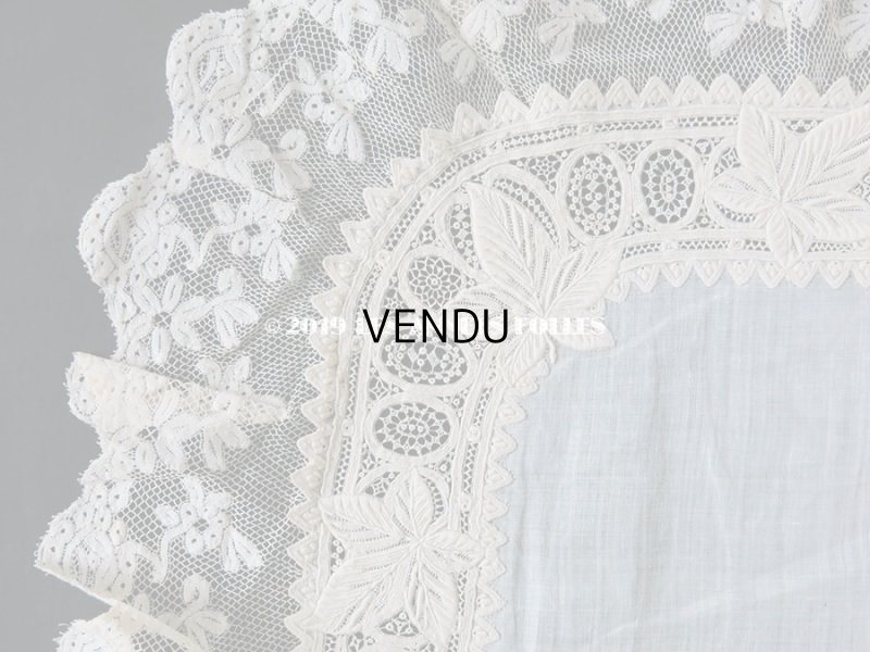 画像5:  19世紀 アンティーク  結婚式のハンカチ リーフ柄&モノグラム【LR】 のホワイトワーク & 手編みのヴァランシエンヌレース