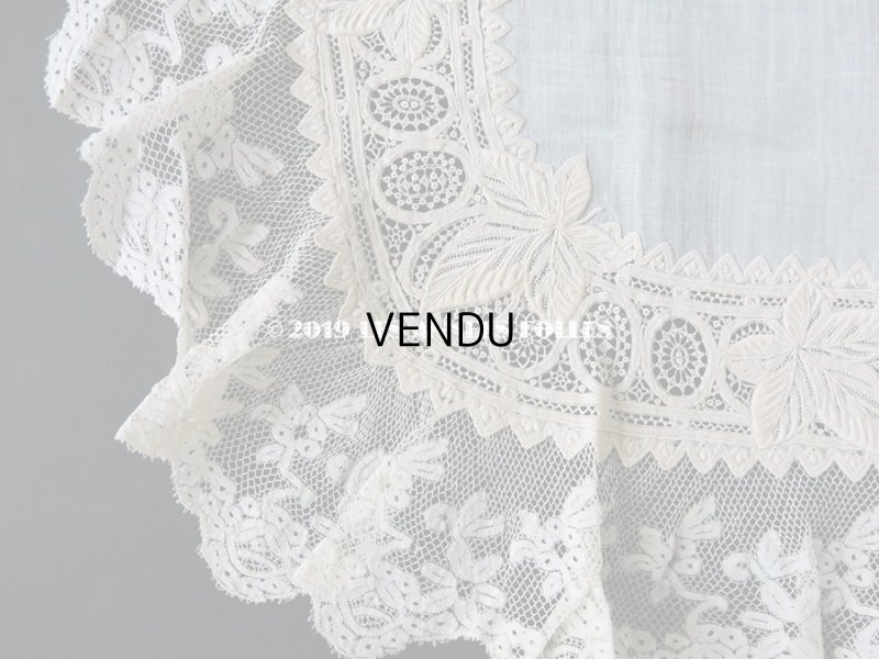画像8:  19世紀 アンティーク  結婚式のハンカチ リーフ柄&モノグラム【LR】 のホワイトワーク & 手編みのヴァランシエンヌレース