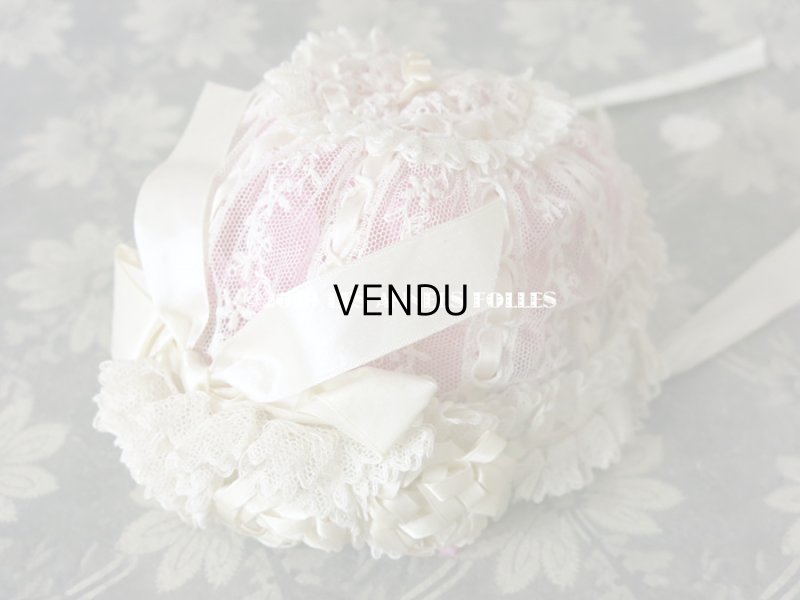 画像4: アンティーク ドール & ベビー用 大きな薔薇のリボンワーク付 シルクリボン&レースのボネ