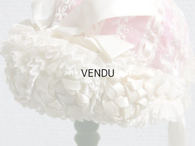 画像11: アンティーク ドール & ベビー用 大きな薔薇のリボンワーク付 シルクリボン&レースのボネ