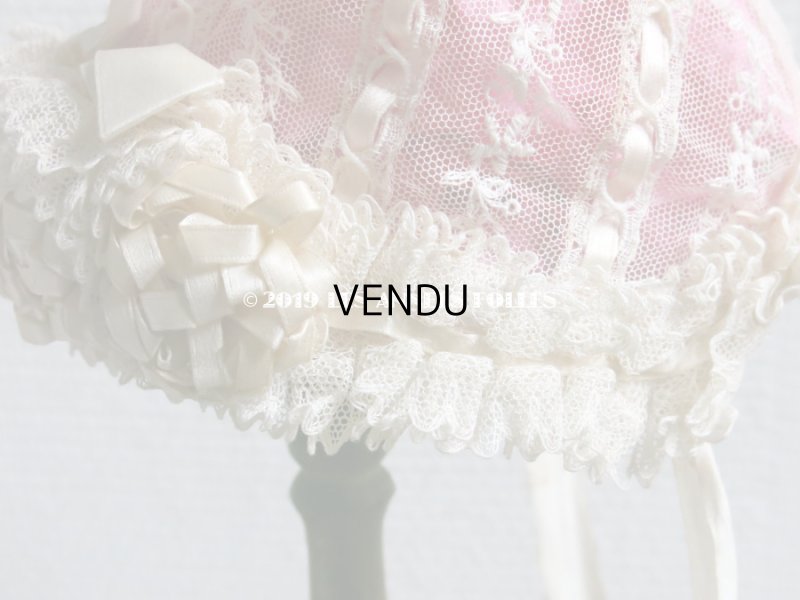 画像12: アンティーク ドール & ベビー用 大きな薔薇のリボンワーク付 シルクリボン&レースのボネ