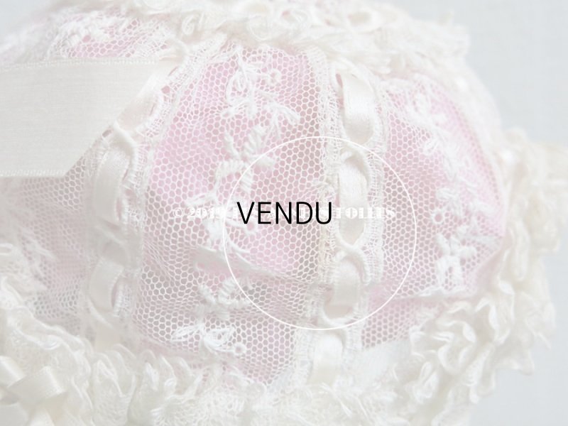 画像13: アンティーク ドール & ベビー用 大きな薔薇のリボンワーク付 シルクリボン&レースのボネ