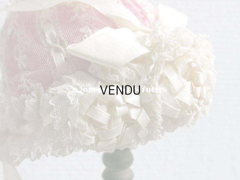 画像10: アンティーク ドール & ベビー用 大きな薔薇のリボンワーク付 シルクリボン&レースのボネ