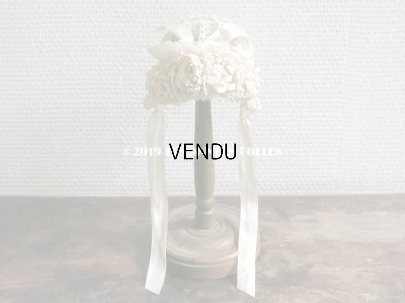 画像3: アンティーク ドール & ベビー用 大きな薔薇のリボンワーク付 シルクリボン&レースのボネ