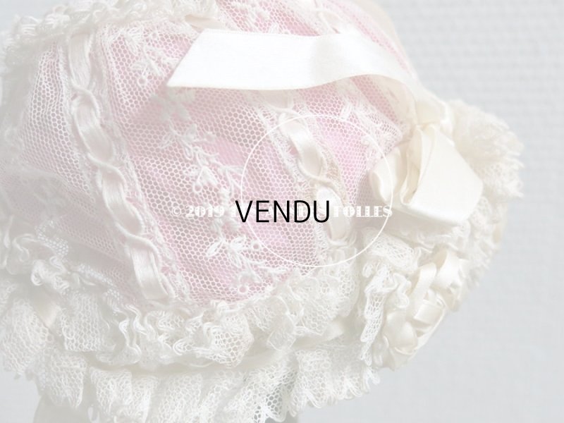 画像14: アンティーク ドール & ベビー用 大きな薔薇のリボンワーク付 シルクリボン&レースのボネ