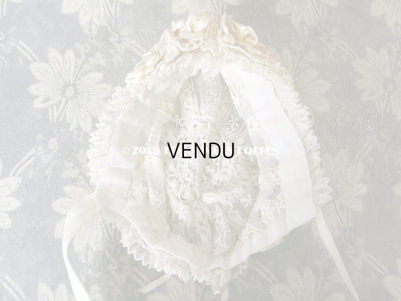 画像9: アンティーク ドール & ベビー用 大きな薔薇のリボンワーク付 シルクリボン&レースのボネ