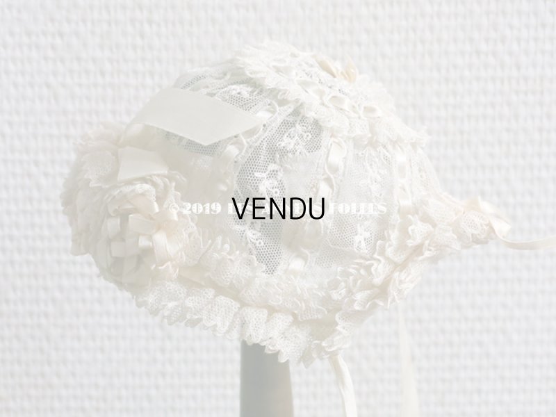 画像7: アンティーク ドール & ベビー用 大きな薔薇のリボンワーク付 シルクリボン&レースのボネ