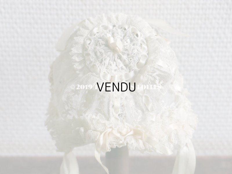 画像8: アンティーク ドール & ベビー用 大きな薔薇のリボンワーク付 シルクリボン&レースのボネ