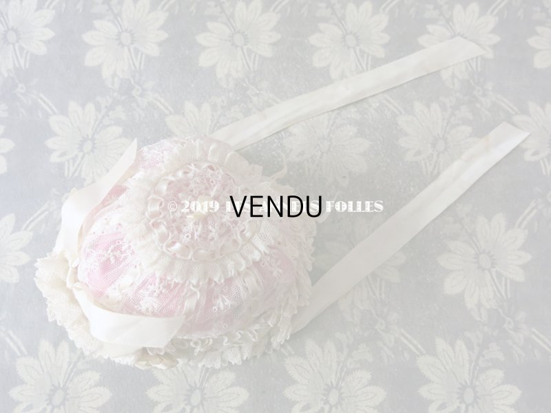 画像5: アンティーク ドール & ベビー用 大きな薔薇のリボンワーク付 シルクリボン&レースのボネ