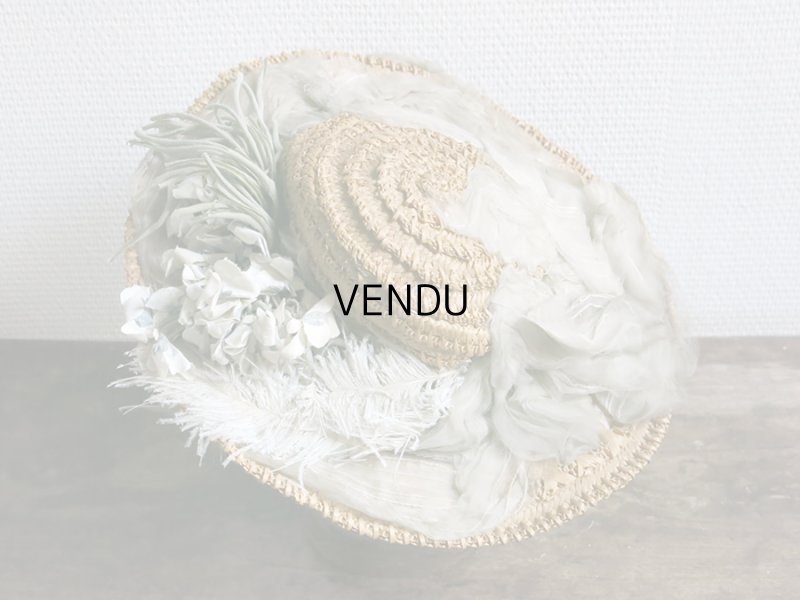 画像4: アンティーク 小さな女の子用 ストローハット 布花＆フェザー＆シルクシフォンのリボン