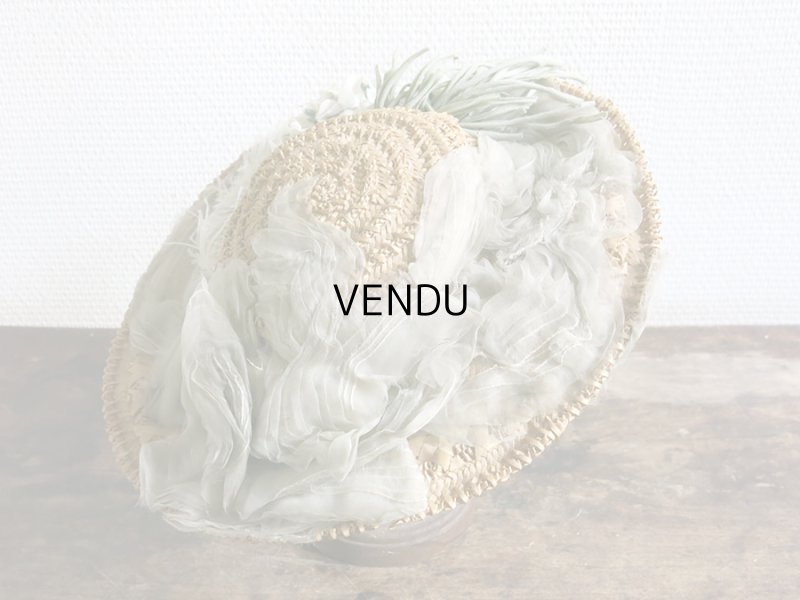 画像3: アンティーク 小さな女の子用 ストローハット 布花＆フェザー＆シルクシフォンのリボン