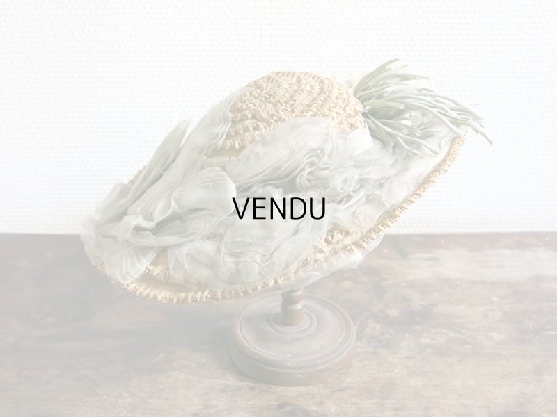 画像5: アンティーク 小さな女の子用 ストローハット 布花＆フェザー＆シルクシフォンのリボン