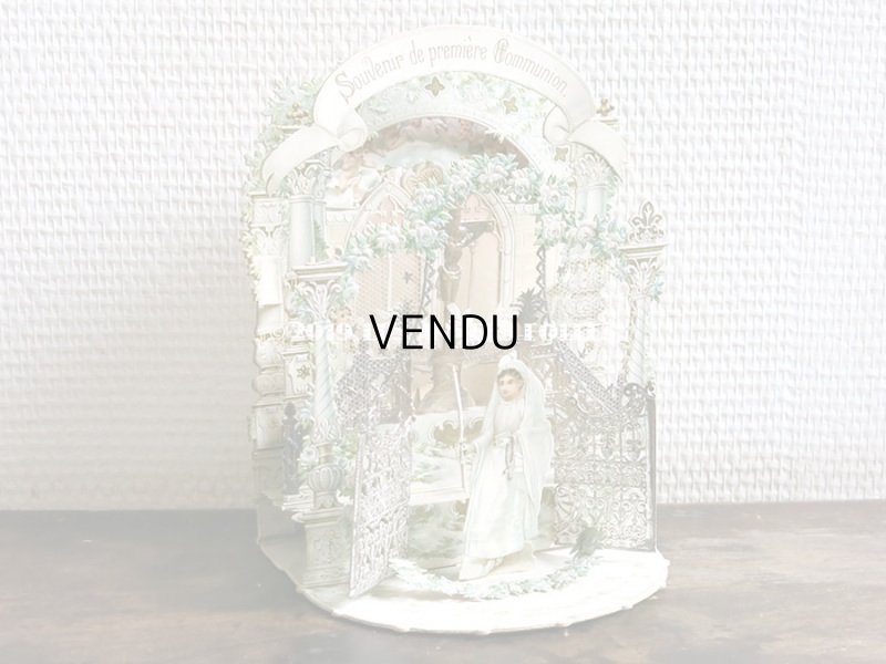 画像3: アンティーク  初聖体の立体カニヴェ コミュ二オンの少女 天使と白薔薇の教会 ポップアップ クロモ