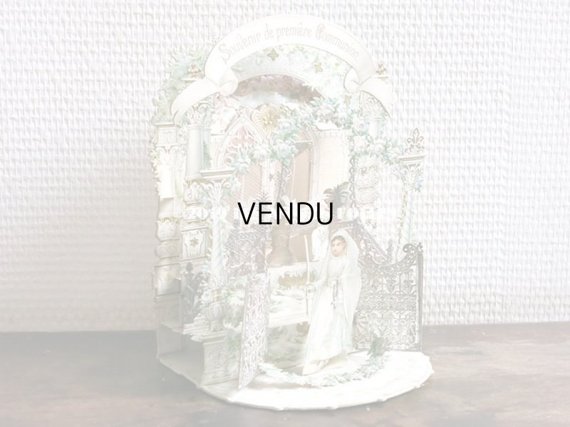 画像4: アンティーク  初聖体の立体カニヴェ コミュ二オンの少女 天使と白薔薇の教会 ポップアップ クロモ