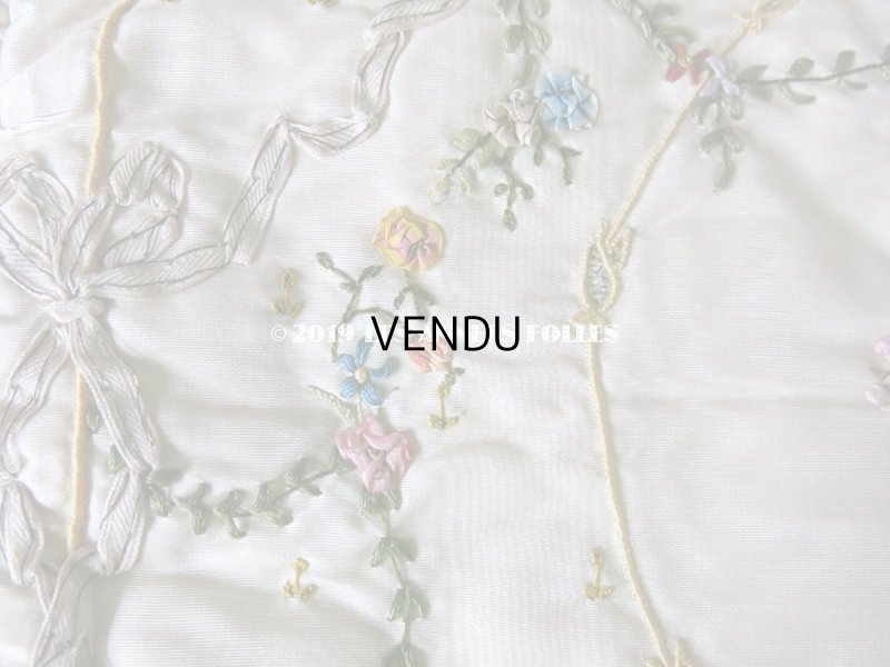 画像6: 【クリスマスセール2019対象外】 アンティーク シルク製 花かごのリボン刺繍入り ハンキーケース ハンカチ用ポシェット 