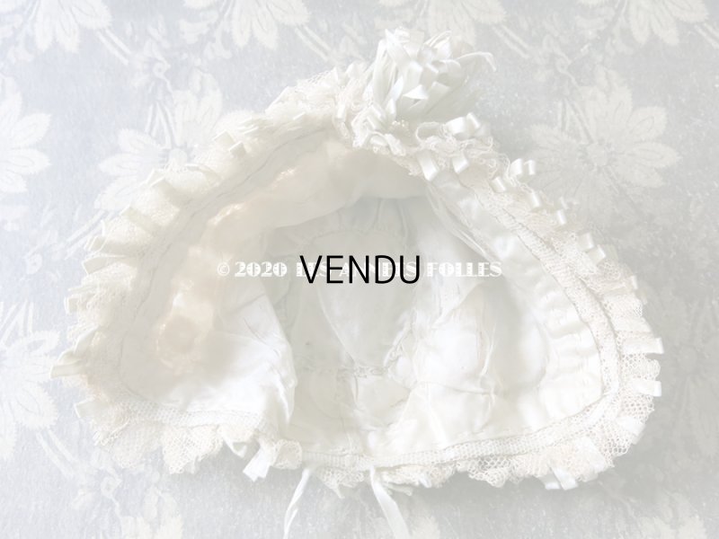 画像9: アンティーク ドール&ベビー用 レースのボネ パウダーブルー・グリーンのシルクリボン