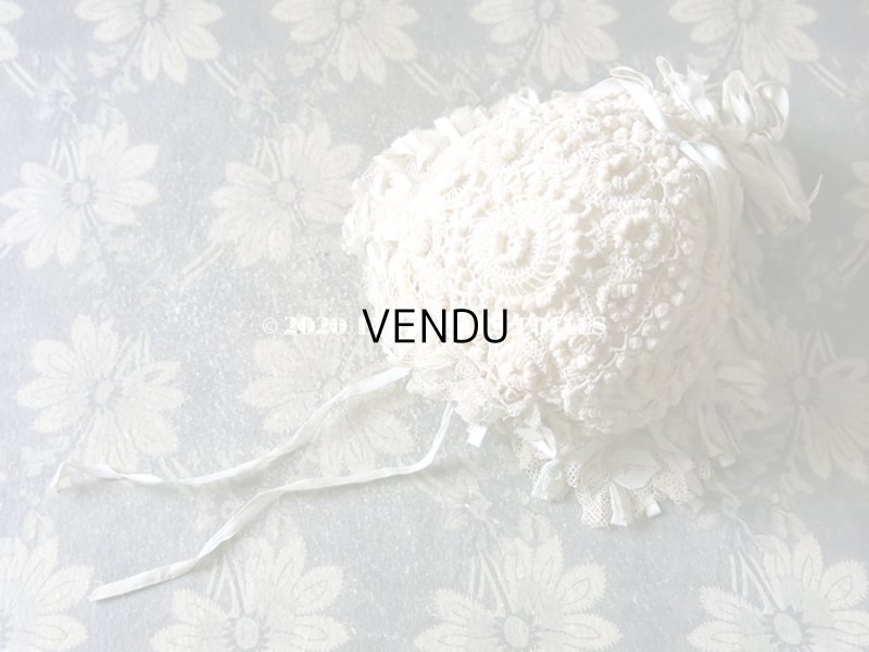 画像5: アンティーク ドール&ベビー用 レースのボネ パウダーブルー・グリーンのシルクリボン