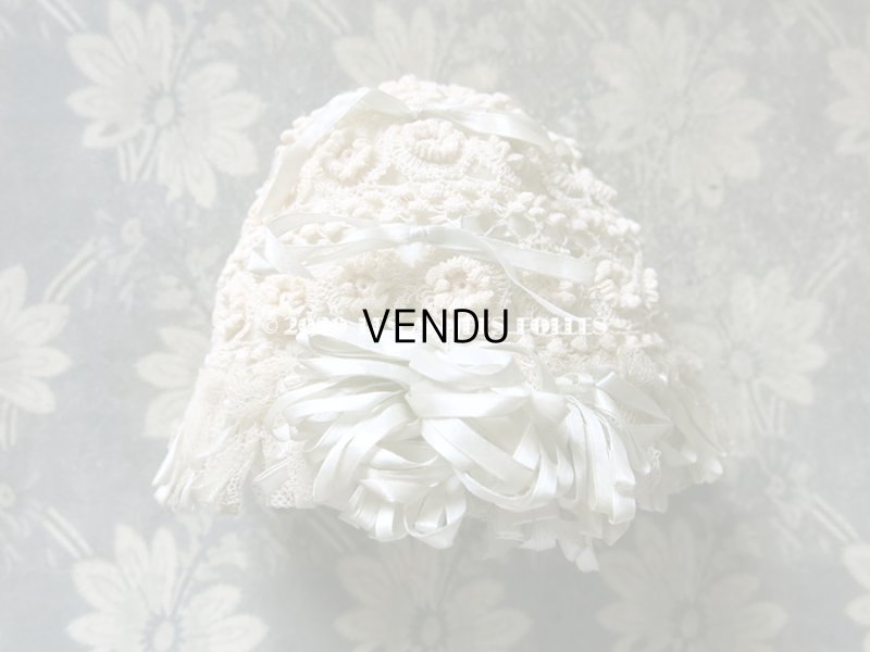 画像4: アンティーク ドール&ベビー用 レースのボネ パウダーブルー・グリーンのシルクリボン