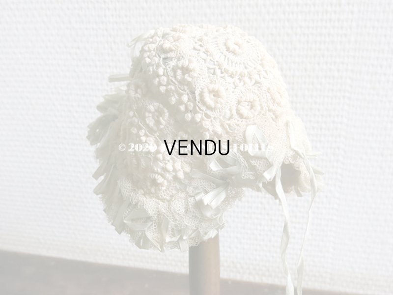 画像11: アンティーク ドール&ベビー用 レースのボネ パウダーブルー・グリーンのシルクリボン