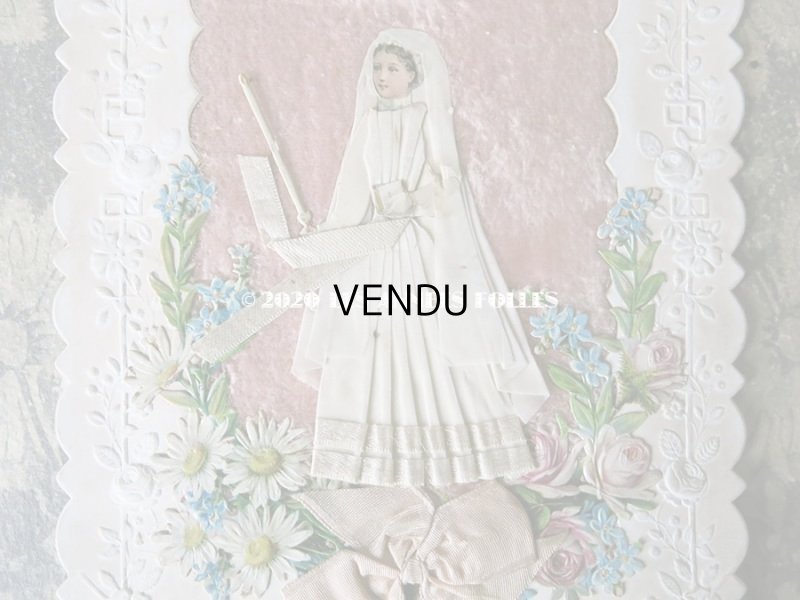 画像4: アンティーク  初聖体の大きなカニヴェ ピンクのリボン＆薔薇のフレーム  ホーリーカード プルミエール・コミュ二オン